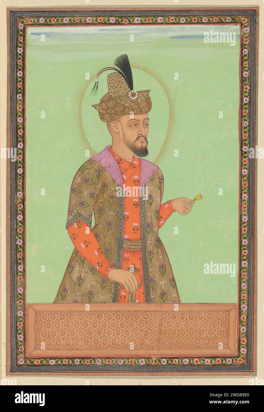 Portrait of Humayun Padshah, the son of Babur, who ruled after his father in Hindustan, c. 1686 drawing. Indian miniature Humayun Padshah is depicted up to his hips, used to half to the right, with his right hand on his sword and a flower in his left hand. Leaf 12 in the `Witsen-Album ', with 49 Indian miniatures of princes. Above the portrait a piece of paper with the name in Persian. Under the portrait a piece of paper with the name in the Portuguese. Golkonda paper. deck paint. gold leaf. gouache (paint) brush ruler, sovereign. historical person (...) - historical person (...) portrayed alo Stock Photo